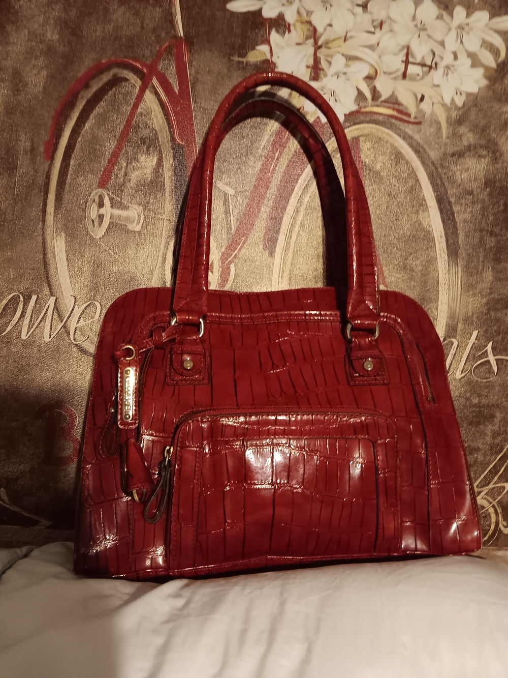 Liz Claiborne Glossy Red Croc-Embossed Satchel - Picture 9 of 11